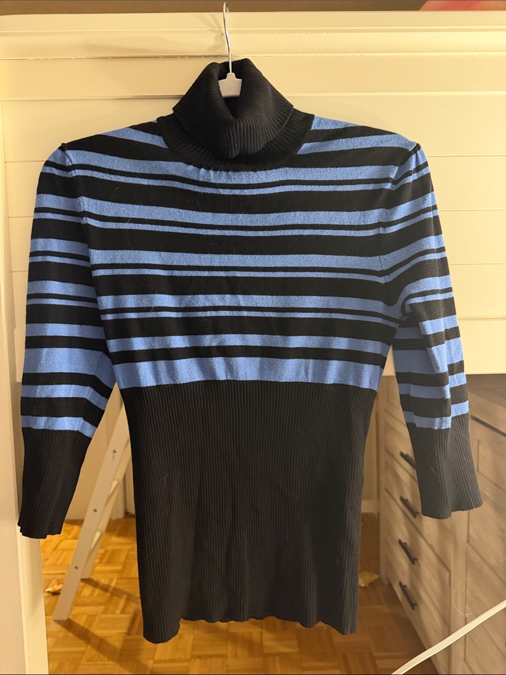 Striped Black & Blue Fitted Turtleneck Sweater